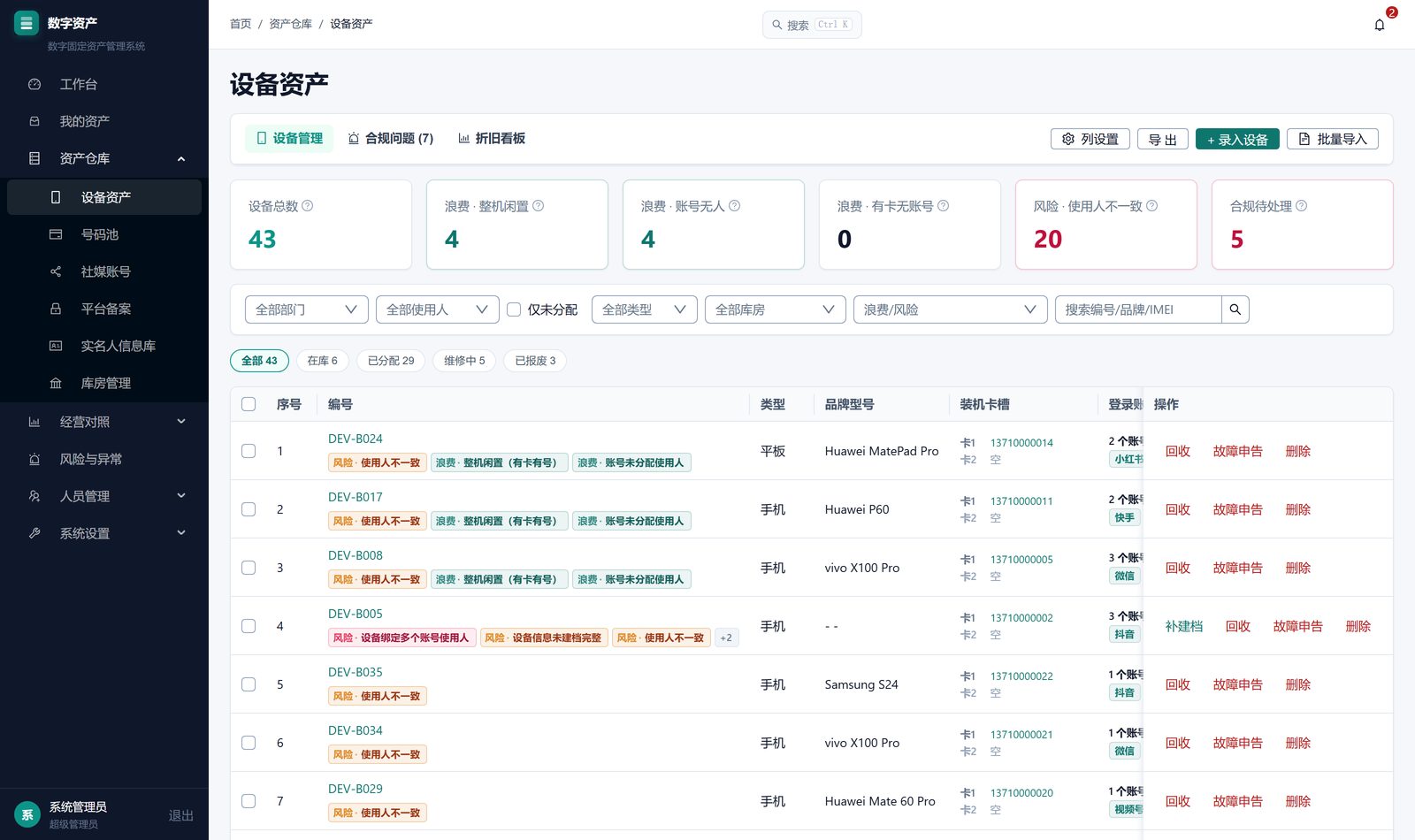 手机管理系统设备资产列表界面：工作机品牌型号、序列号、所属库房、使用人与在库在用状态